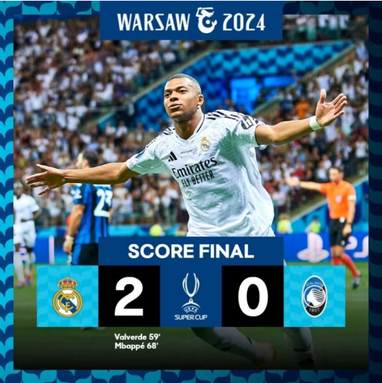 姆巴佩首秀破门!皇马2-0亚特兰大夺欧超杯 6次夺冠创赛事纪录 姆巴佩首秀破门!皇马2-0亚特兰大夺欧超杯 6次夺冠创赛事纪录