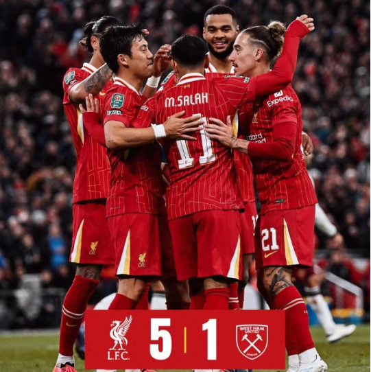 联赛杯-利物浦5-1西汉姆晋级 萨拉赫破门若塔加克波双响