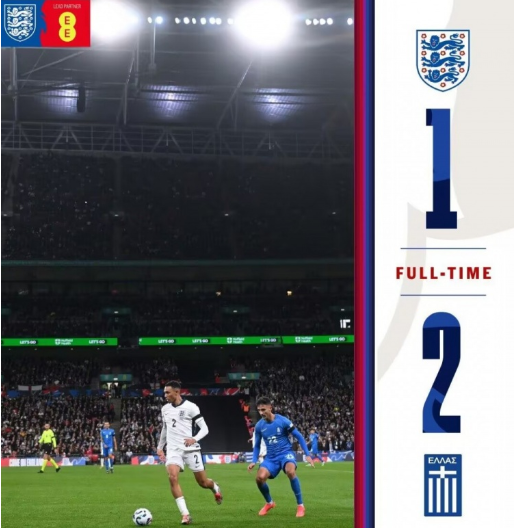 欧国联-英格兰1-2遭希腊绝杀 贝林厄姆远射破门希腊三球被吹